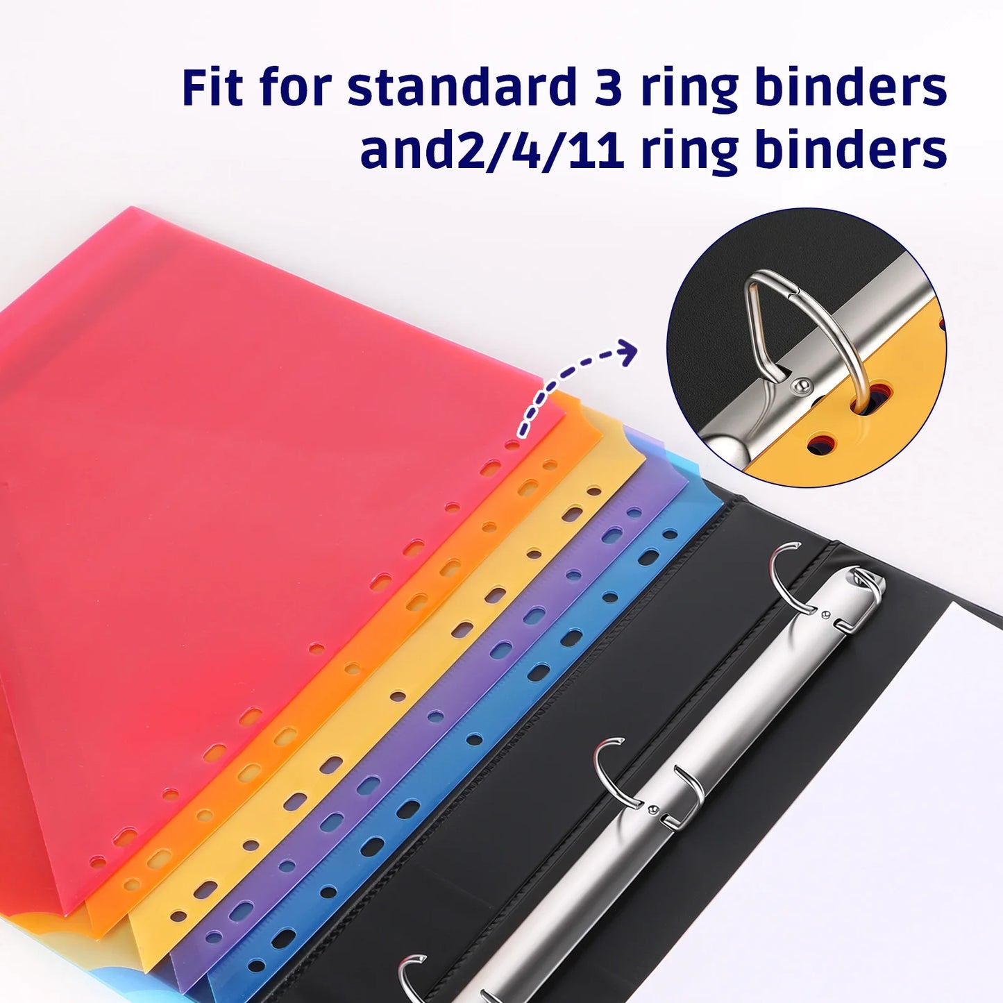 10-Pack 5 Color Binder Dividers with Pockets & Tabs, A4 PP Index Dividers for 2/3/4/11 Ring Binders, Office School Organizati
