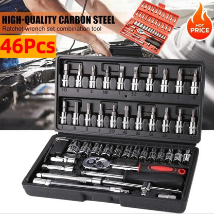 Hot 46Pcs 1/4" Drive Socket Wrench Set, Ratchet Screwdriver & Bit Kit, Carbon Steel, Auto Repair Hand Tool Set with Storage C