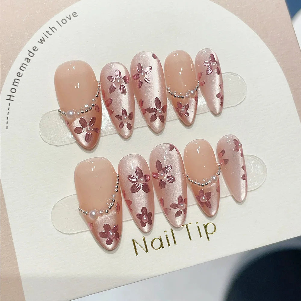 10pcs Medium Almond Handmade Press On Nails Kit, Pink Fake Nails, Noble Elegant Wearable Nail Art, Splendid Flowers