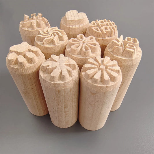 9 Patterns Wood Stamps DIY Wooden Clay Seal Set Round Pottery Tool Moon Cake Mantou Pasta Kitchen Food Seal Homemaking Tool 1
