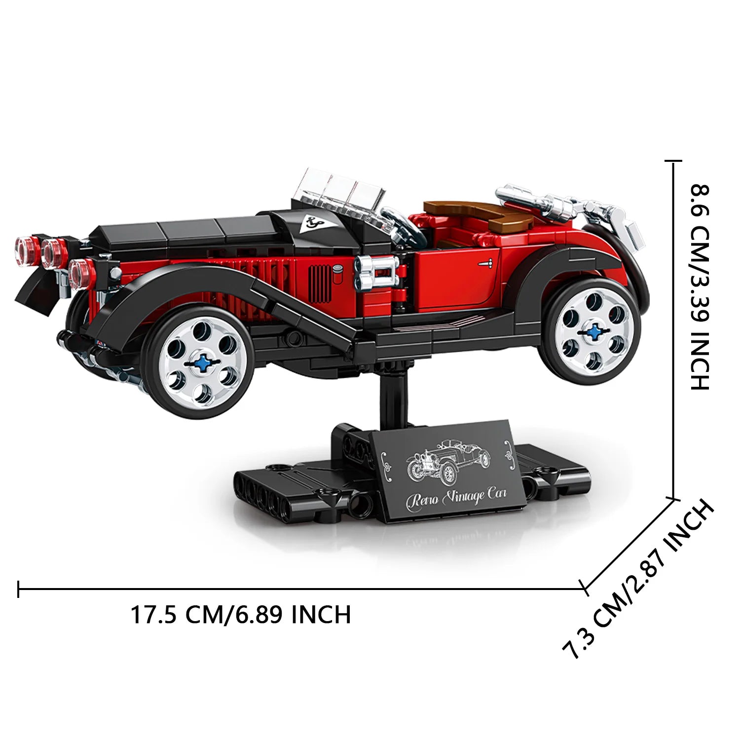 Vintage Classic Car Building Blocks, Retro Roadster Model Bricks with Display Stand, DIY Assembled Collectible Toy Gift