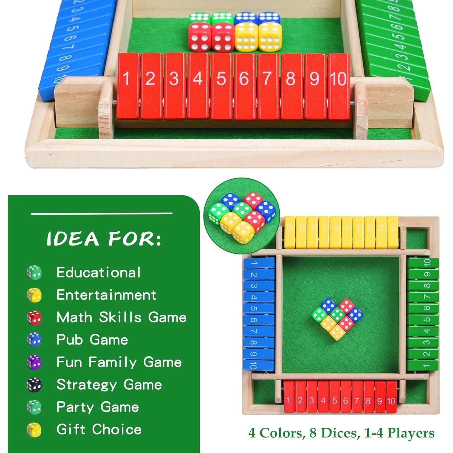 Wooden Arithmetic Dice Board Game – Flip Card Box with 4-Sided Number Tiles, Fun Multiplayer Dice Game for Family & Party