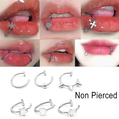 2Pcs/6Pcs Stainless Steel Fake C Clip Lip Ring Labret Piercing Earring Fake Nose Piercing Cool Women Body Jewelry Non-Pierced