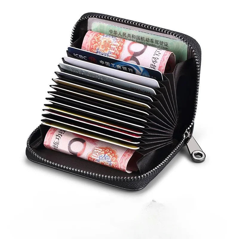 Multi Slot Card Holder Vintage Small Wallet Women Men Business Bank Credit Card Bag Male Coin Pouch Solid Leather Zipper Wall