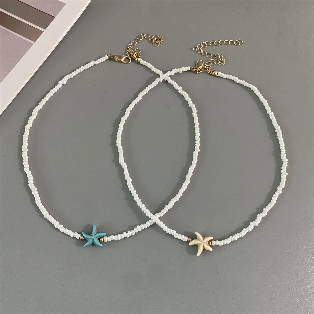 Shell Starfish Woman Short Necklace Summer Holiday Gift Handmade Choker Seed Beads Neck Jewelry White
