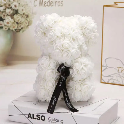 25cm Artificial Teddy Rose Flower Bear with Box Romantic Valentines Day Gift Girlfriend Women Anniversary Wedding Party Suppl