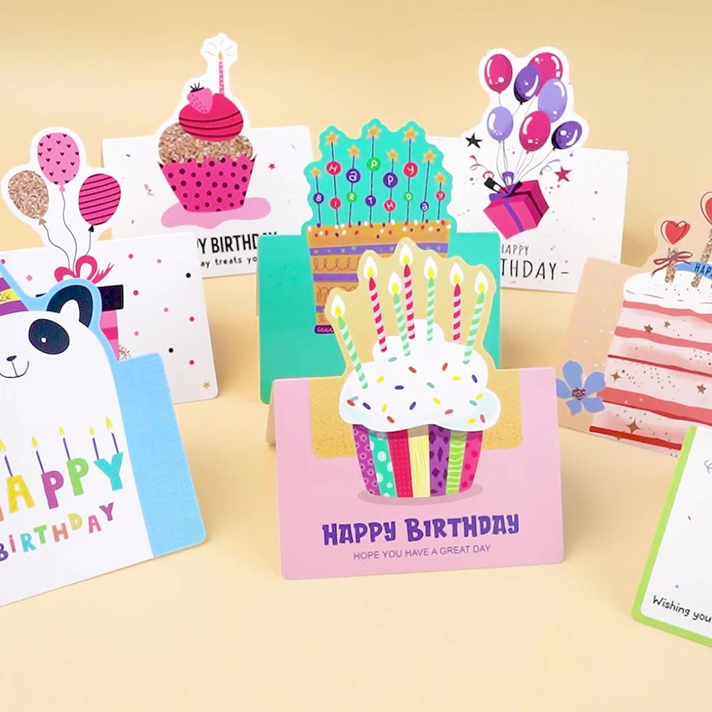 10 birthday cards, 3D small size cartoon, simple folding, handwritten blessing message, birthday card
