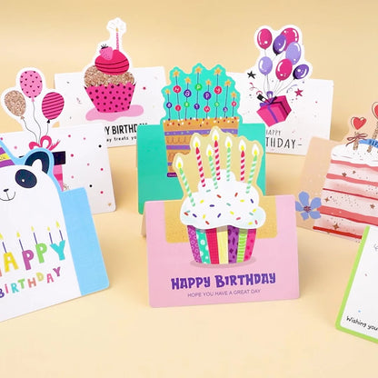 10 birthday cards, 3D small size cartoon, simple folding, handwritten blessing message, birthday card