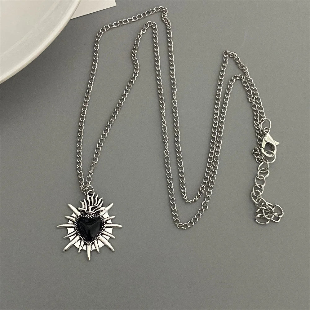 Punk Rock Red Black Heart Pendant Chain Necklace For Men Women Cool Hip Hop Street Vintage Goth Accessories Trendy Jewelry - 