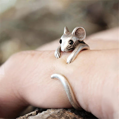 Huitan Vintage Mouse Animal Finger Ring for Women Antique Silver Color Gothic Knuckle Rings Fancy Gift 2023 Hot Jewelry