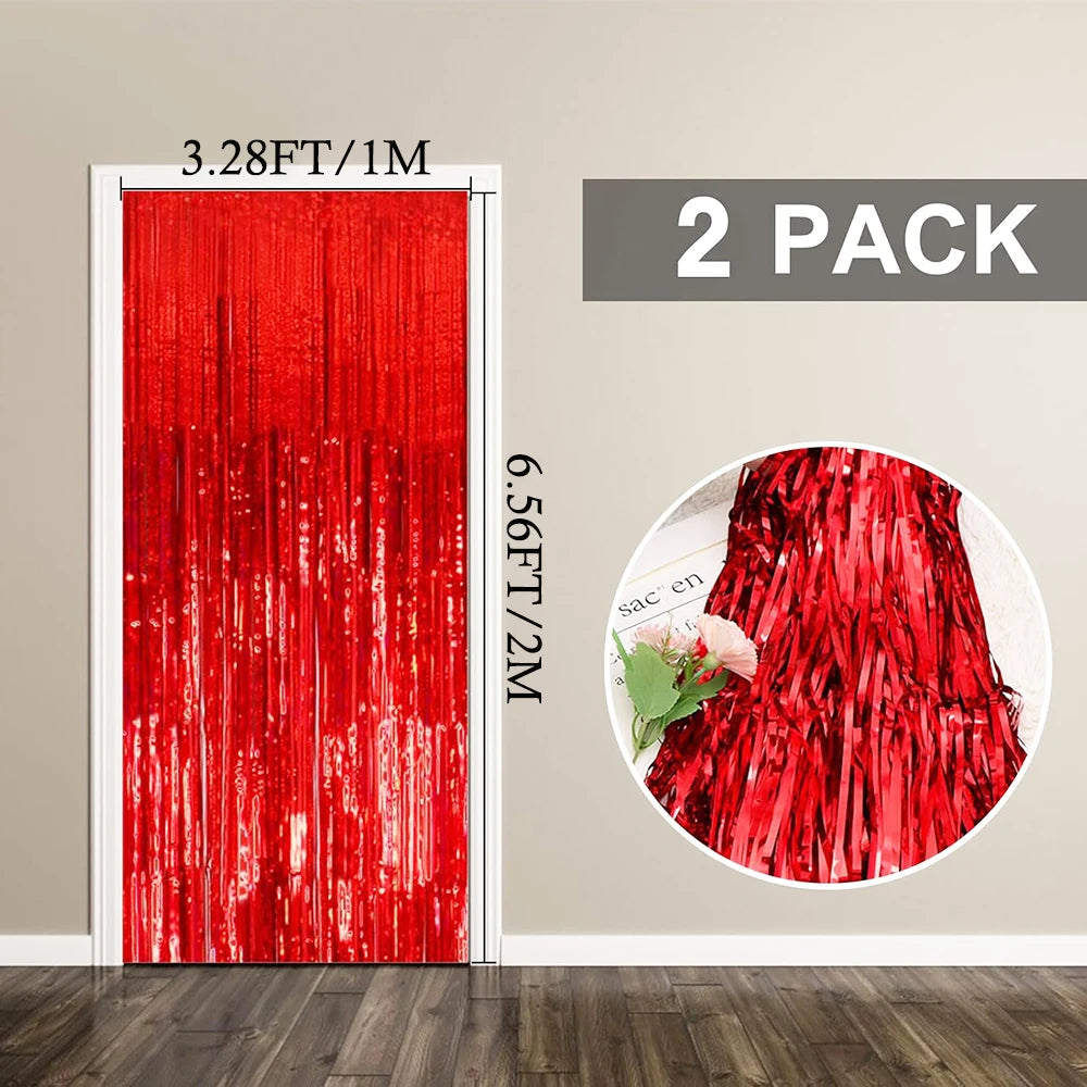 2Packs 1x2m Red Black Foil Curtain Backdrop Black Red Tinsel Party Streamer Curtains Wedding Bridal Shower Birthday Decoratio