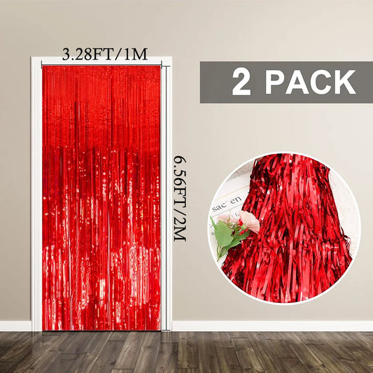 2Packs 1x2m Red Black Foil Curtain Backdrop Black Red Tinsel Party Streamer Curtains Wedding Bridal Shower Birthday Decoratio