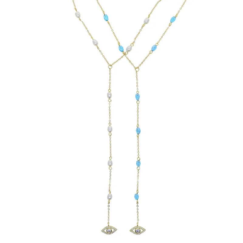 Long Y Lariat Chain for Women Blue Bead Charm Cute Lovely Eye Pendant Sexy Women Y Lariat Necklace