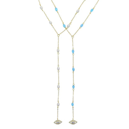 Long Y Lariat Chain for Women Blue Bead Charm Cute Lovely Eye Pendant Sexy Women Y Lariat Necklace