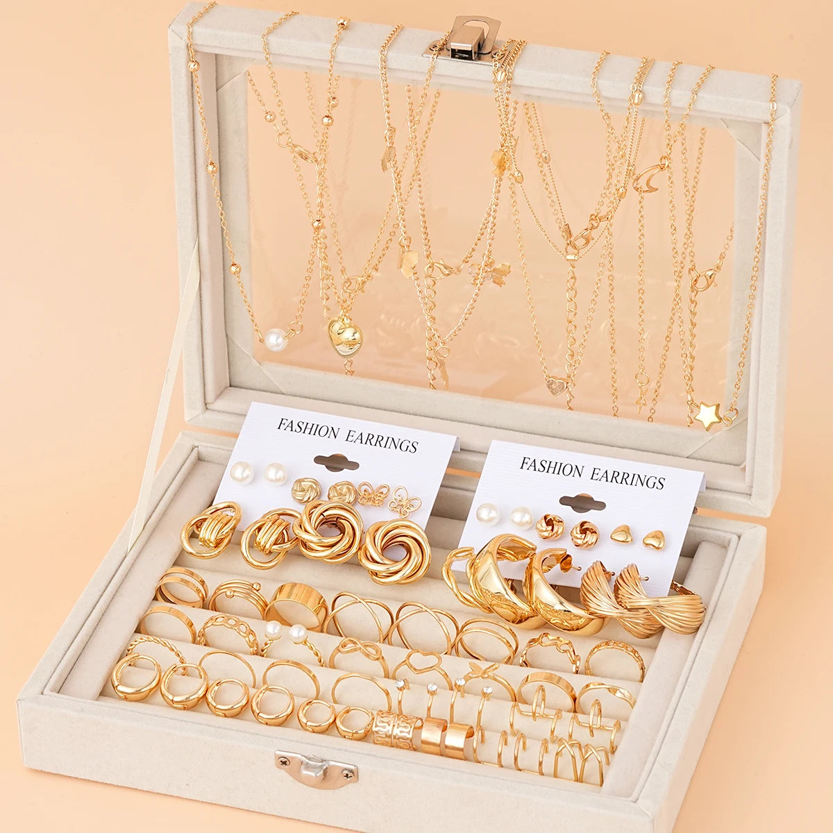 68 Pcs Boho Chic Jewelry Set Vintage Heart Pearl Zircon Butterfly Pendant Earrings Ring Necklace For Women Daily Wear Gifts 2