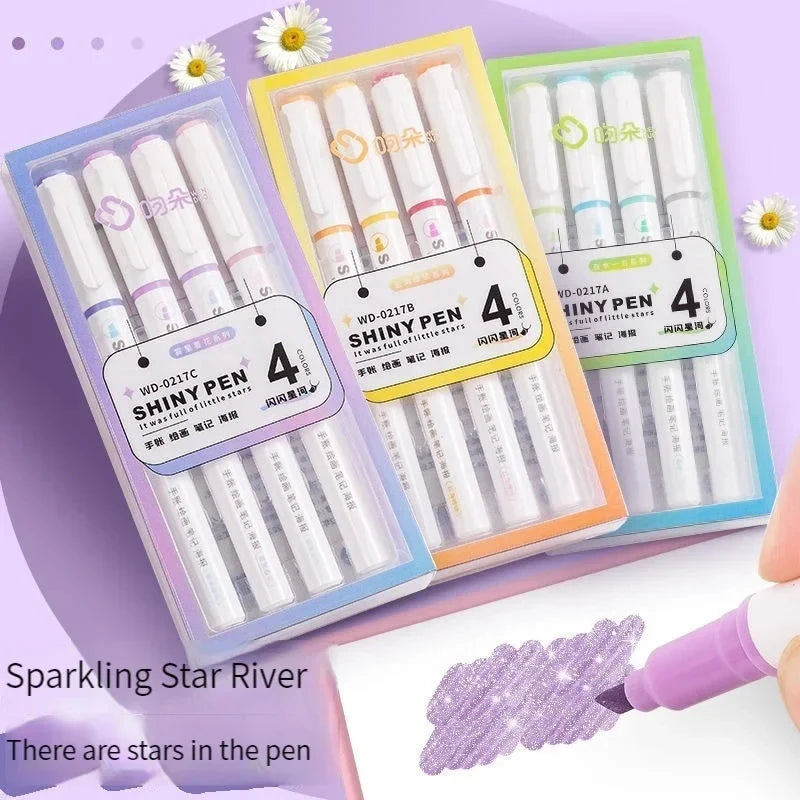 4 Colors/box Kawaii Glitter Highlighter Pen Pastel Fine Pastel Highlighter Marker Scrapbook Painted Stationery School Supplie