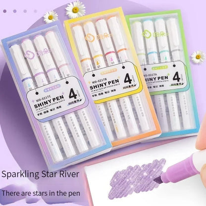 4 Colors/box Kawaii Glitter Highlighter Pen Pastel Fine Pastel Highlighter Marker Scrapbook Painted Stationery School Supplie