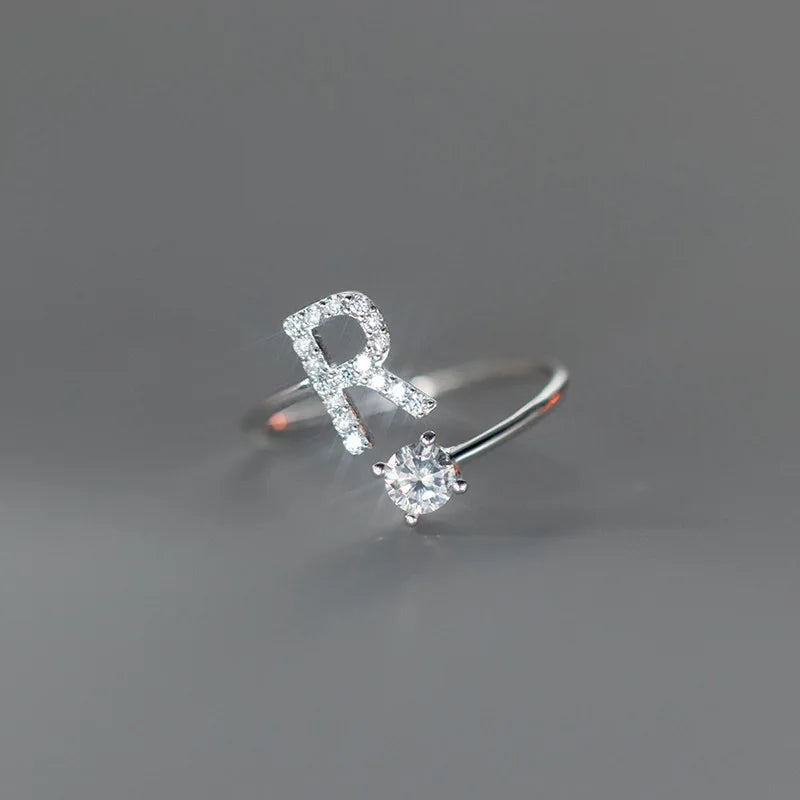 Zircon Initial A-Z Letter Ring For Women Metal Adjustable Opening Ring Name Alphabet Female Wedding Gift Anillos Mujer - R