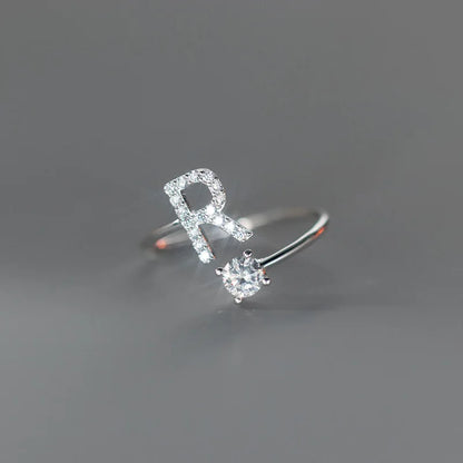 Zircon Initial A-Z Letter Ring For Women Metal Adjustable Opening Ring Name Alphabet Female Wedding Gift Anillos Mujer - R