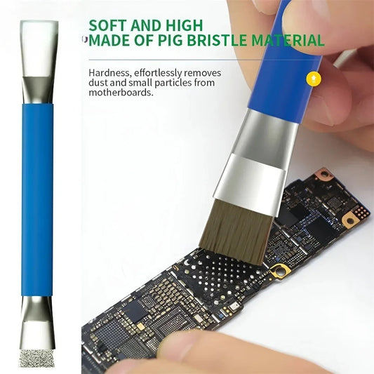 Safe double-ended brush circuit board repair for integrated circuit chips, cleaning of mobile phone/computer motherboards