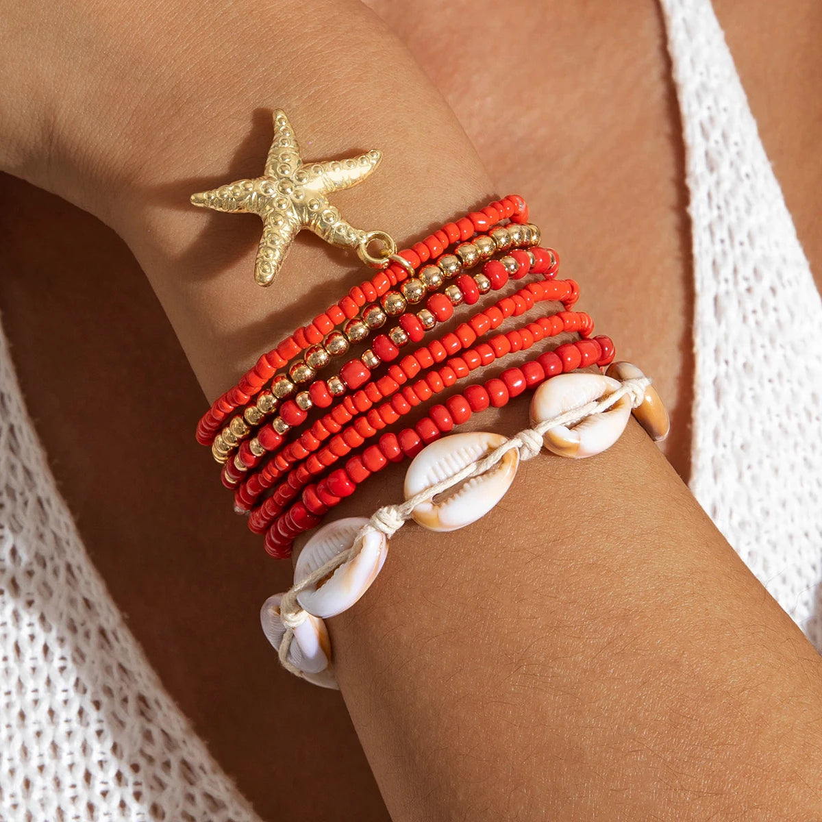 Tocona Bohemian Resort Style Shell Beaded Weaving Bracelet Beach Style Starfish Rice Beads Seven Piece Set for Women 25134