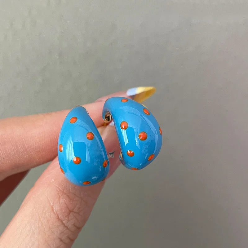 Sweet Colorful Polka Dot Enamel Geometric C-Shaped Hoop Earrings for Women Minimalist Korean Style Fashion Design Party Jewel