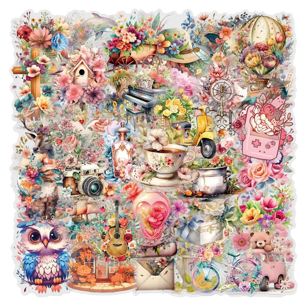 57 Pcs New "Adding Prosperity" Sticker Pack-Waterproof Transparent PET Journal Flower Supplies Decor(LanLanStickersWorld Stor