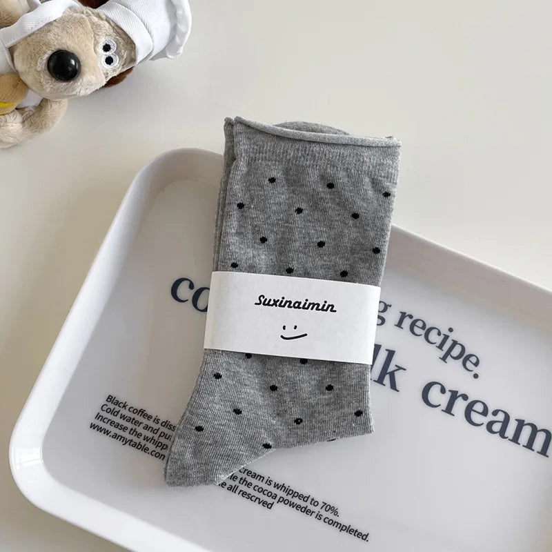 Women's spring summer thin vintage cream curled-edge women's socks polka dot mid-tube socks artistic socks women - 6