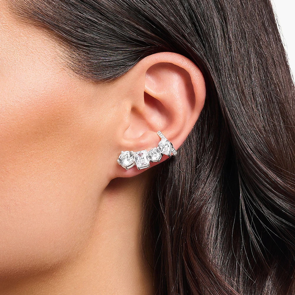 Silver Single Ear Stud Climber Style with White Zircon Europe Glam Fine Jewerly For Women Trendy Gift In 925 Sterling Silver