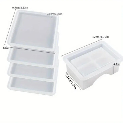 Coaster Resin Molds Set Include 1pc Coaster Storage Box Mold, 4Pcs Silicone Resin Coaster Mold for Epoxy Resin - B