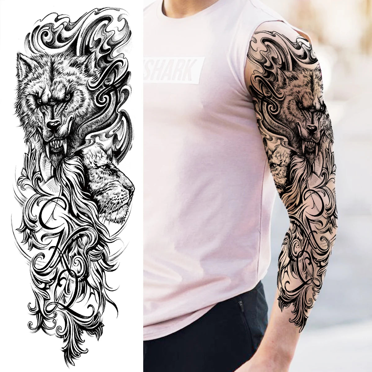 1 Sheets Wolf Lion Tiger Maori Temporary Tattoos For Men Women Adults Full Sleeve Arm Flower Rose Skull Tattoo Sticker Decor 