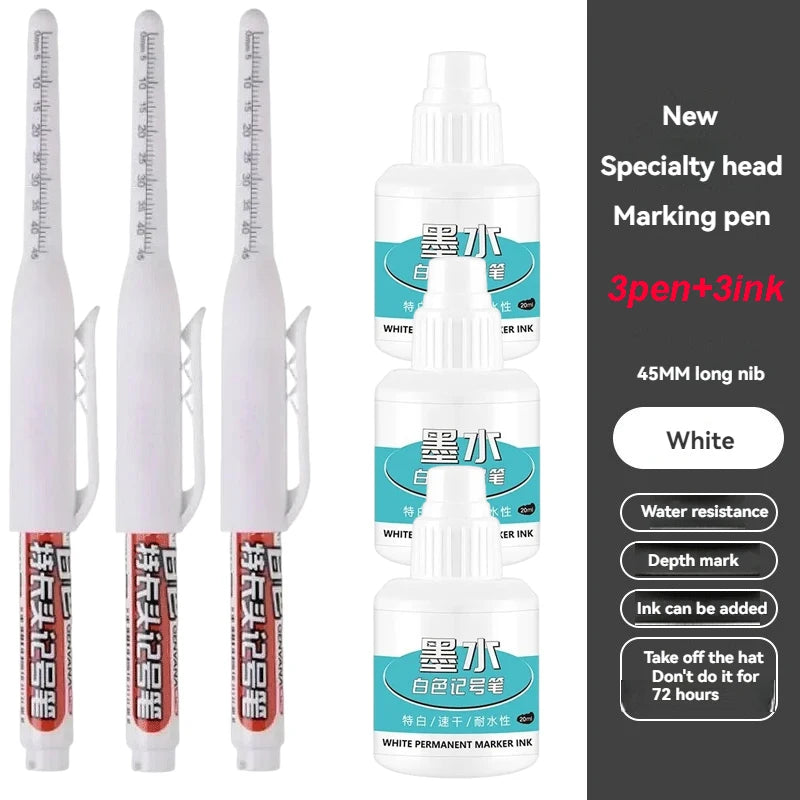 45mm Waterproof Deep Hole Marker Pens Long Nib Head Carpenter Pen White/Black/Blue Ink for Multi-Purpose Woodworking Hand Too