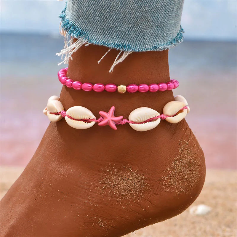 New Bohemia Starfish Conch Shell Beads Anklet For Women Double Heart Beaded Leg Chain Summer Beach Party Barefoot Sandal Jewe