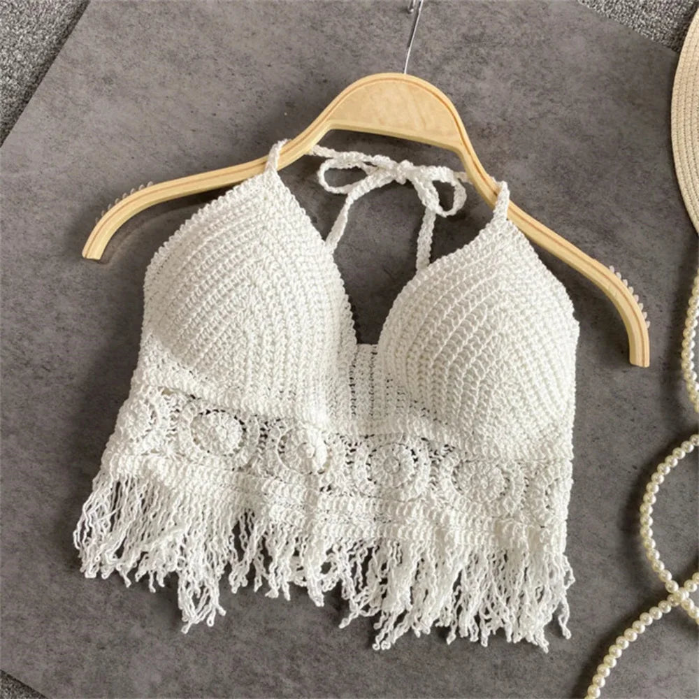 Women's Boho Fringe Backless Halter Tie Neck Underwear Outerwear with Neck Hanging Embroidery Tassel Suspender Vest Short Tan