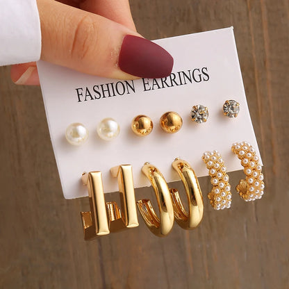 Gold Color Vintage Geometry Pearl Earrings Set Metal Twine Square Dangle Earrings Round for Women Simple Trendy Party Jewelry