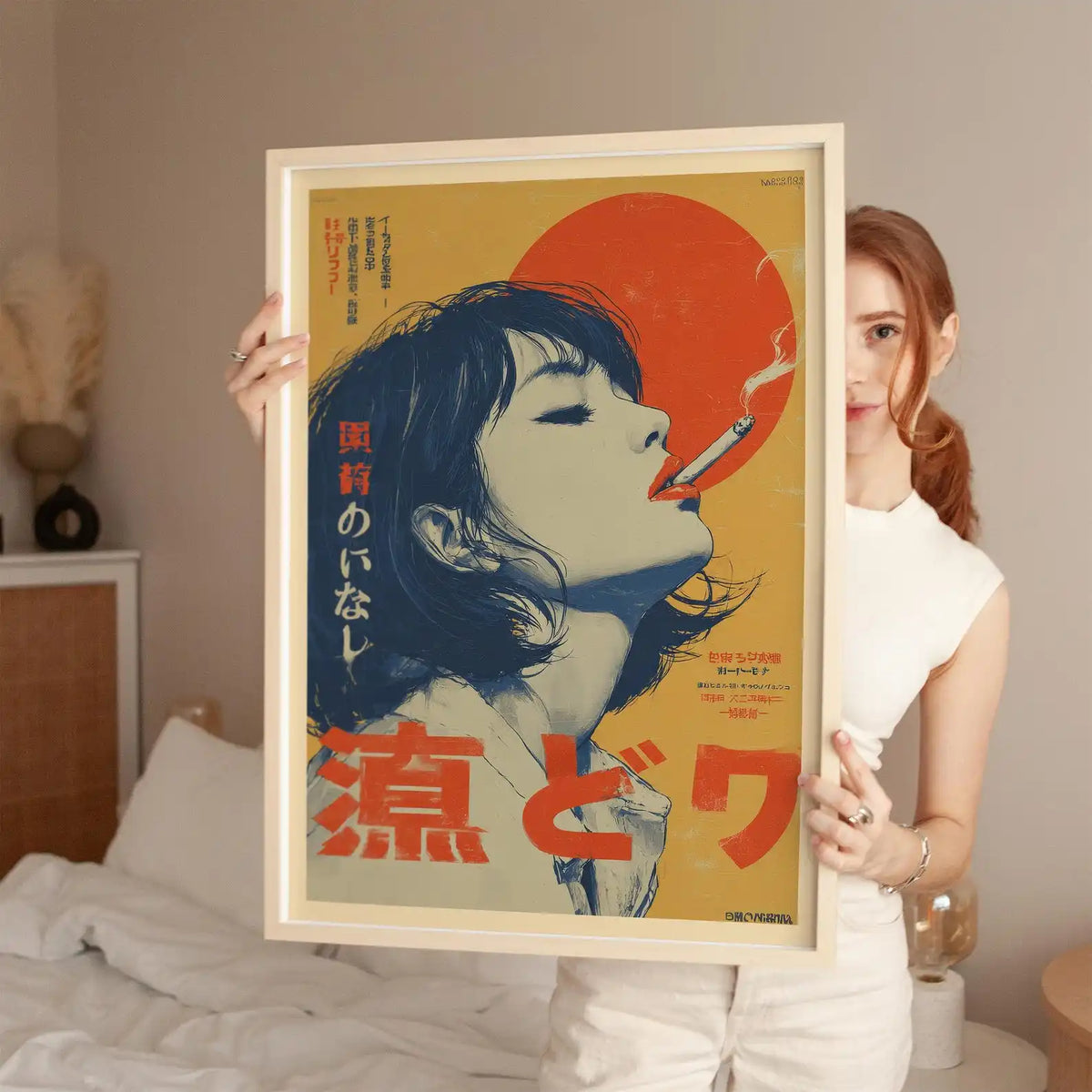 Retro Japanese Woman Smoking Canvas Wall Art Print, Frameless Vintage Indie Canavs Poster for Living Room Decortion Women's G