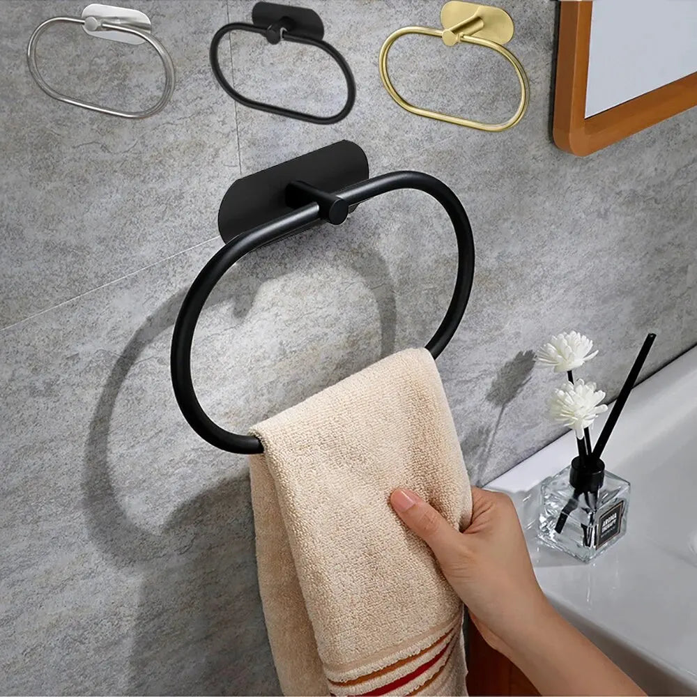 Stainless Steel Towel Holder Self-adhesive Bathroom Towels Rack Black Washhand Hanger Ring Rail Bar Kitchen Storage Accessori