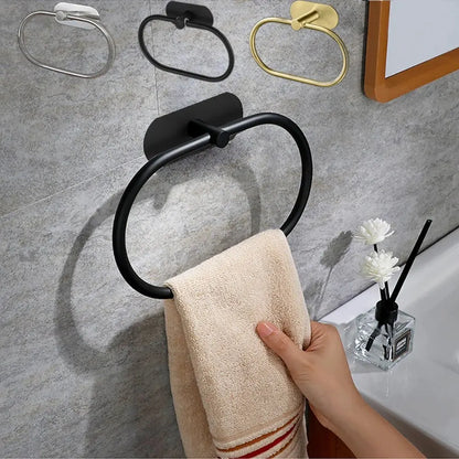Stainless Steel Towel Holder Self-adhesive Bathroom Towels Rack Black Washhand Hanger Ring Rail Bar Kitchen Storage Accessori