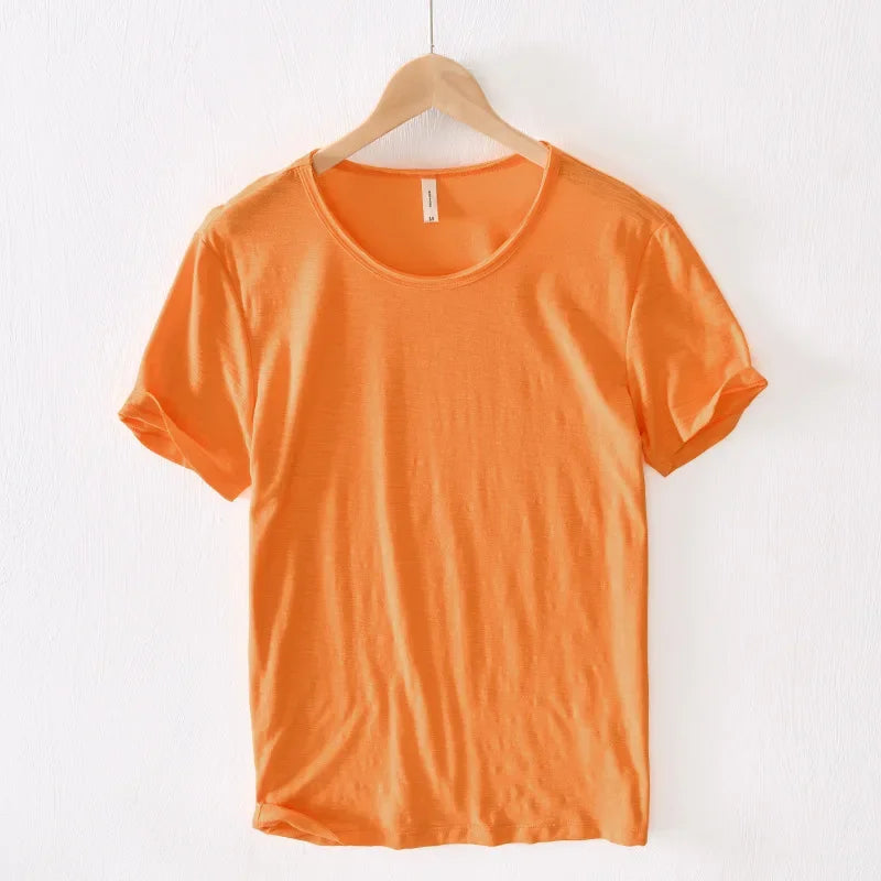 Retro Raw Edge T-Shirt for Men, 100% Cotton, Lightweight,Breathable,Slim-fit, Monochromatic, O-Neck, Casual Basic Top - Orang