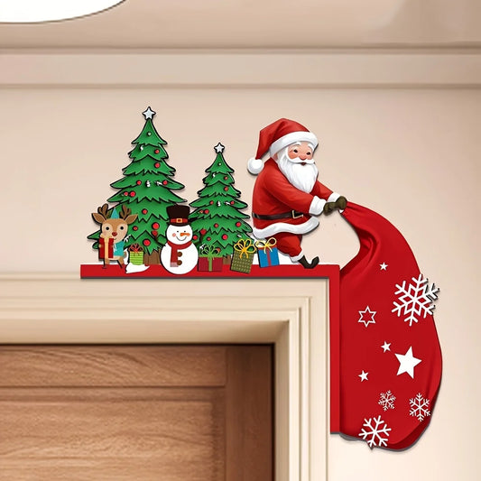 1 pieces of antique wooden Christmas door corner decoration -1 piece of Santa Claus with reindeer and snowman