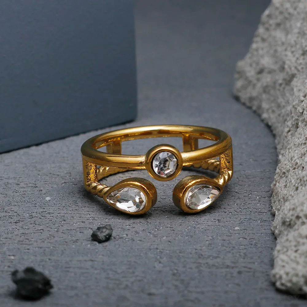 Crystal High End Non Tarnish Fashion Geometric Open Gold Plated Stainless Steel Rings for Women Wedding Ring Jewelry