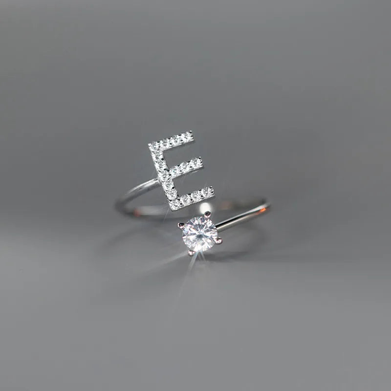 Zircon Initial A-Z Letter Ring For Women Metal Adjustable Opening Ring Name Alphabet Female Wedding Gift Anillos Mujer - E