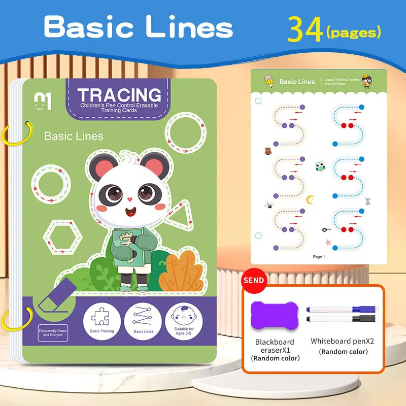 34-Page Reusable Children's Practice Book Set with Erasable Pen - Early Learning of Writing and Drawing Skills, Educational B