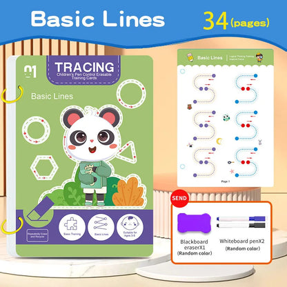 34-Page Reusable Children's Practice Book Set with Erasable Pen - Early Learning of Writing and Drawing Skills, Educational B