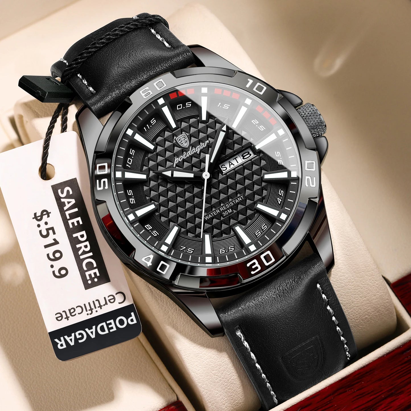 POEDAGAR Original Man Wristwatch Top Luxury Waterproof Luminous Date Week Watch For Men Quartz Sport Leather Men's Watches Re
