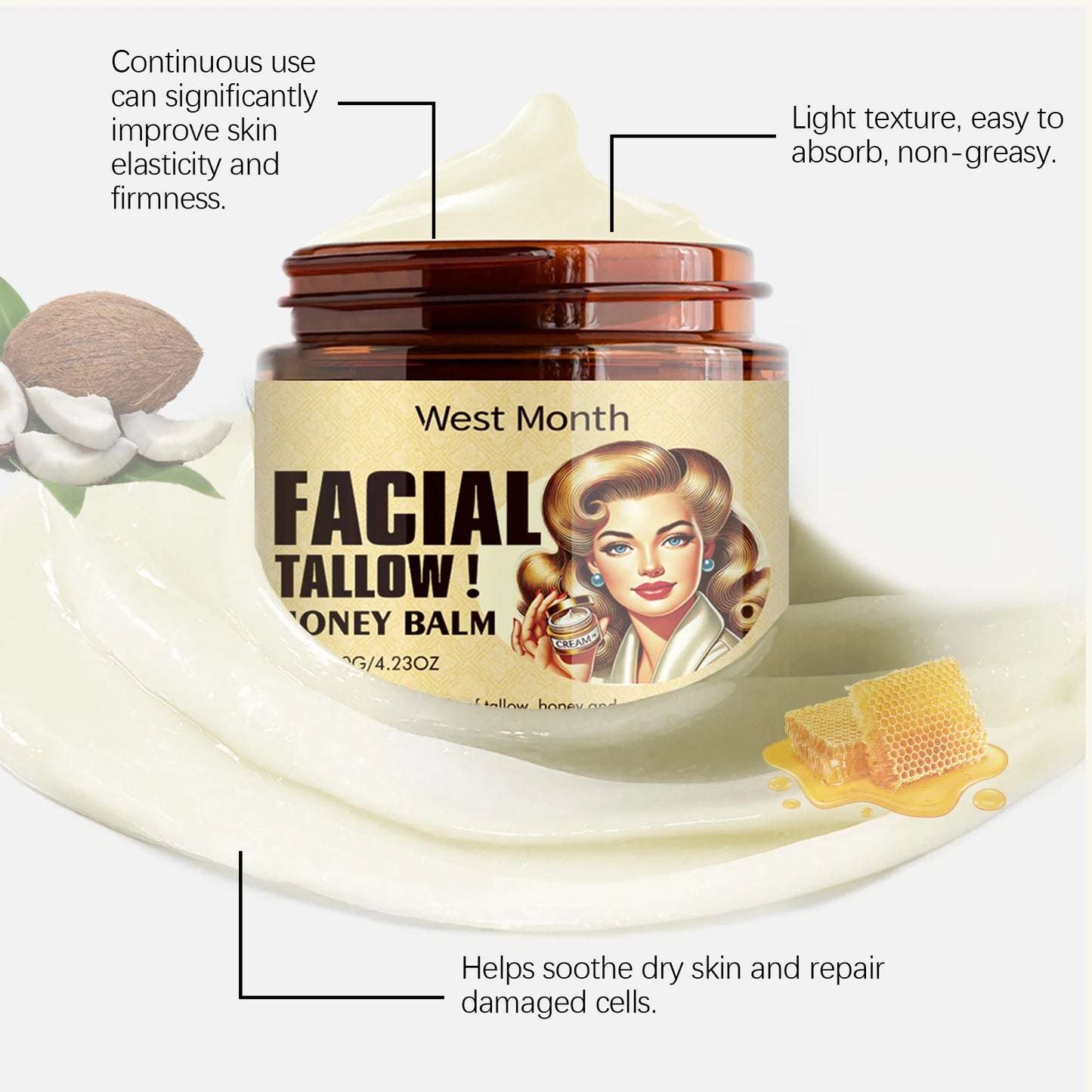 Beef Tallow Face Cream Lasting Moisturizing Soothing Facial Skin Firming Increase Facial Elasticity Nourishing Smooth Skin Ca