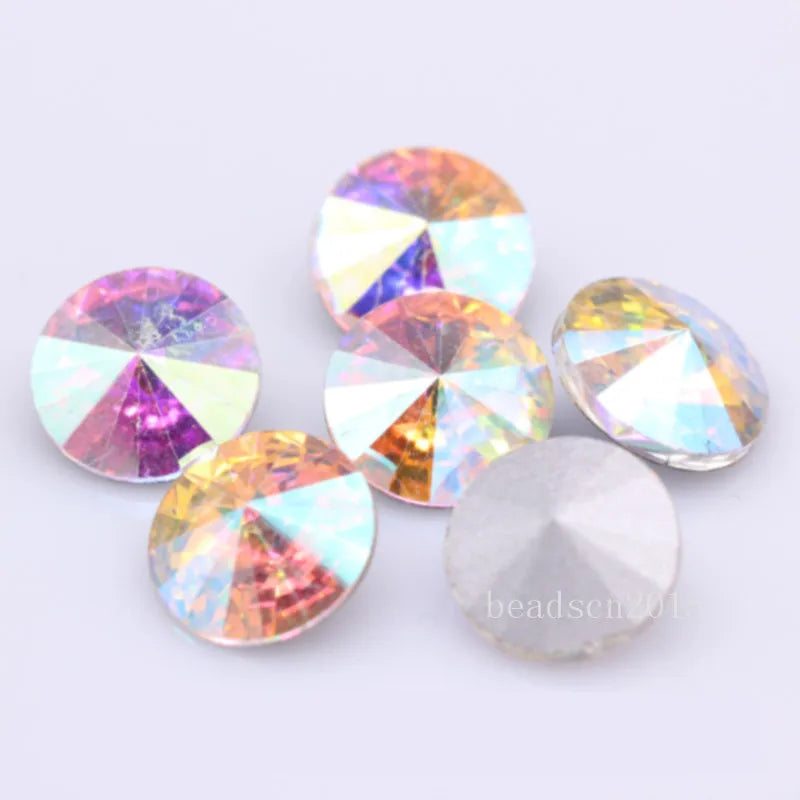 Fantastic 6/8/10/12/14/16/18/25MM Rivoli Cabochons Round Fancy Rhinestone Crystal For Applique Clothing Garment Decoration Be