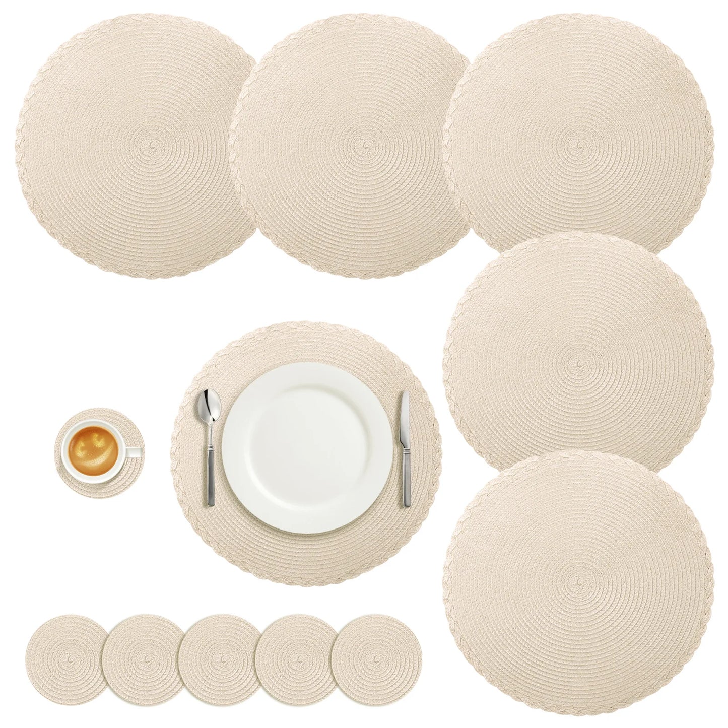 Round Braided Placemats Set of 6 Washable PP/PET Heat Resistant 34cm Table Place Mat for Kitchen Xmas Dining Table Party Deco