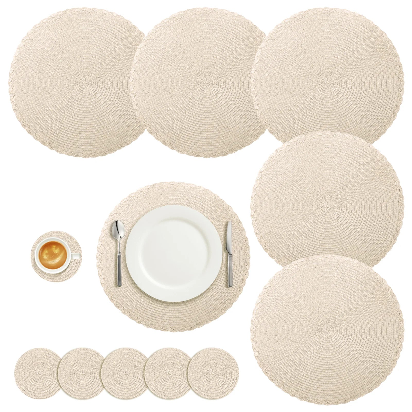 Round Braided Placemats Set of 6 Washable PP/PET Heat Resistant 34cm Table Place Mat for Kitchen Xmas Dining Table Party Deco
