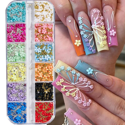 1box 3D Flower Bow Nail Art Decorations Kit Pink/White Acrylic Floral/Peal Beads Nail Charm with Wax Pen/Tweezer 4/6mm Nail P